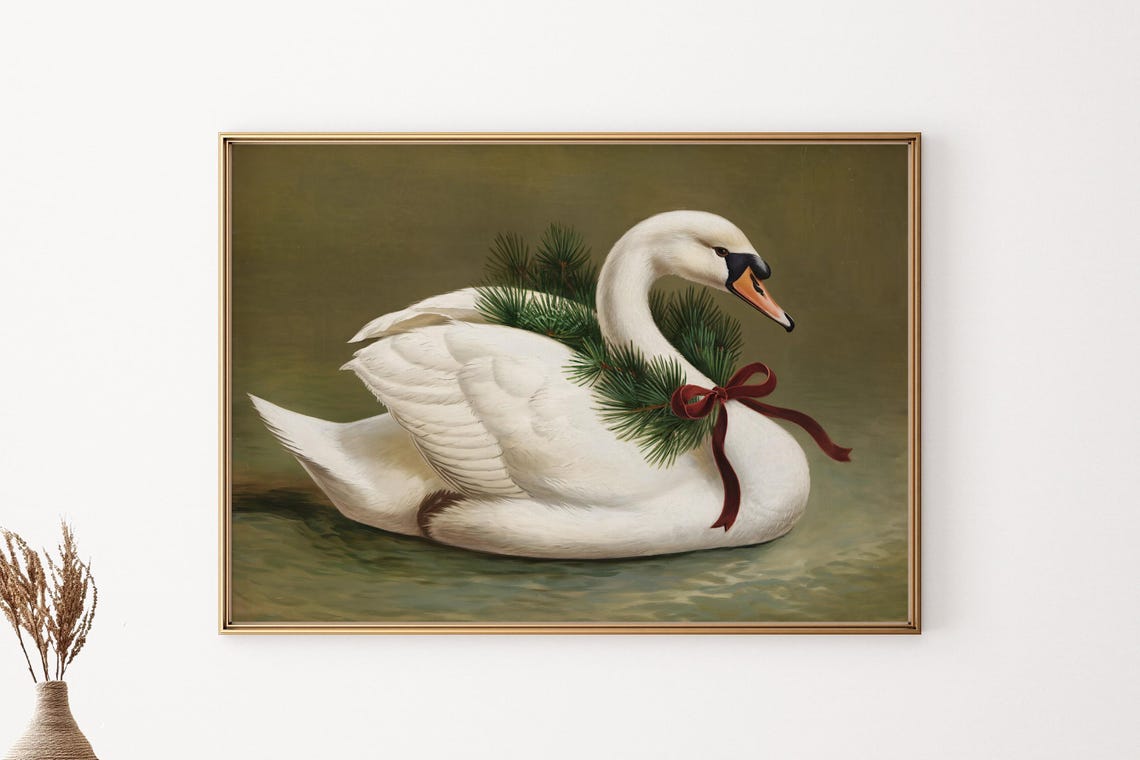 White Swan Christmas Pine Wreath Holiday Bird Wall Decor Art Poster