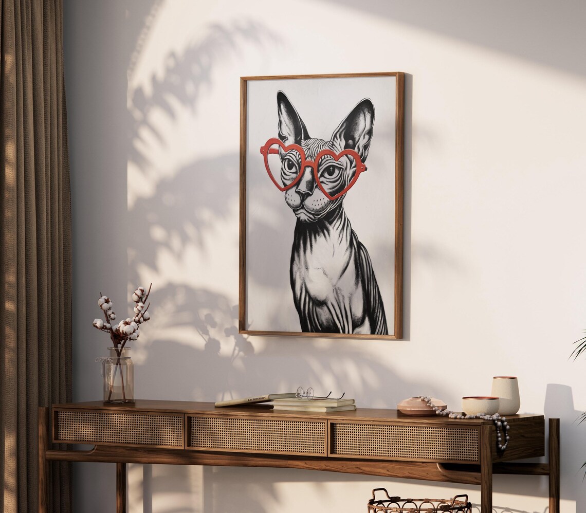 Sphynx Cat Wearing Red Heart Glasses Cute Sketch Cat Art Poster - Image 2