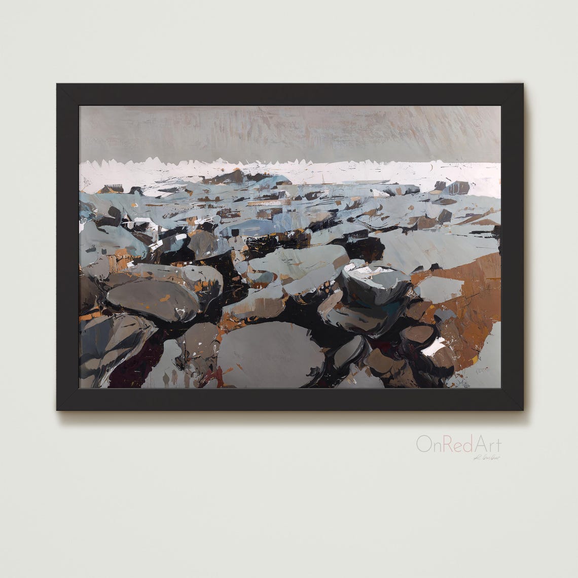 Rocky Shoreline Storm Grey Expressive Coastal Abstract Poster