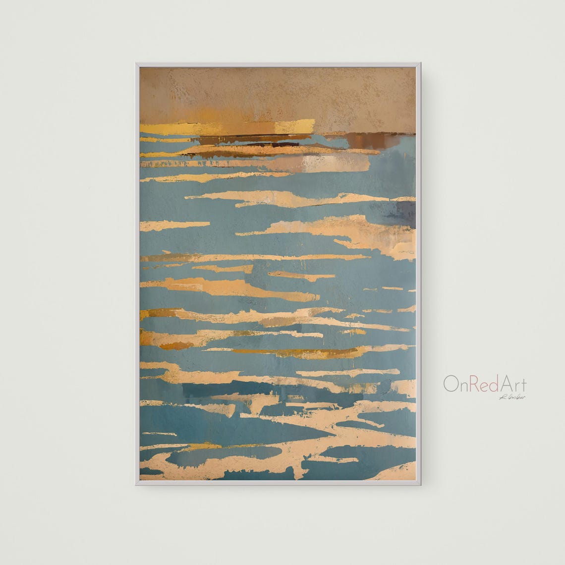 Horizon At Dawn Abstract Gold And Teal Water Reflections Art Poster