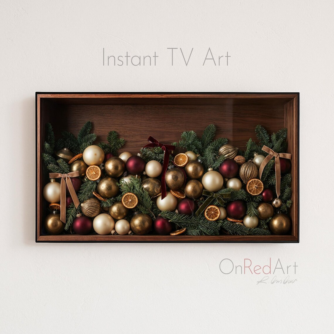 Burgundy Gold Christmas Ornaments Pine Garland Festive Art Print