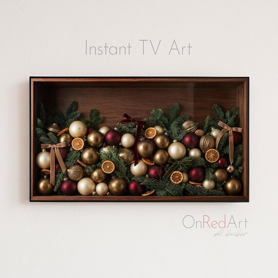 Burgundy Gold Christmas Ornaments Pine Garland Festive Art Print