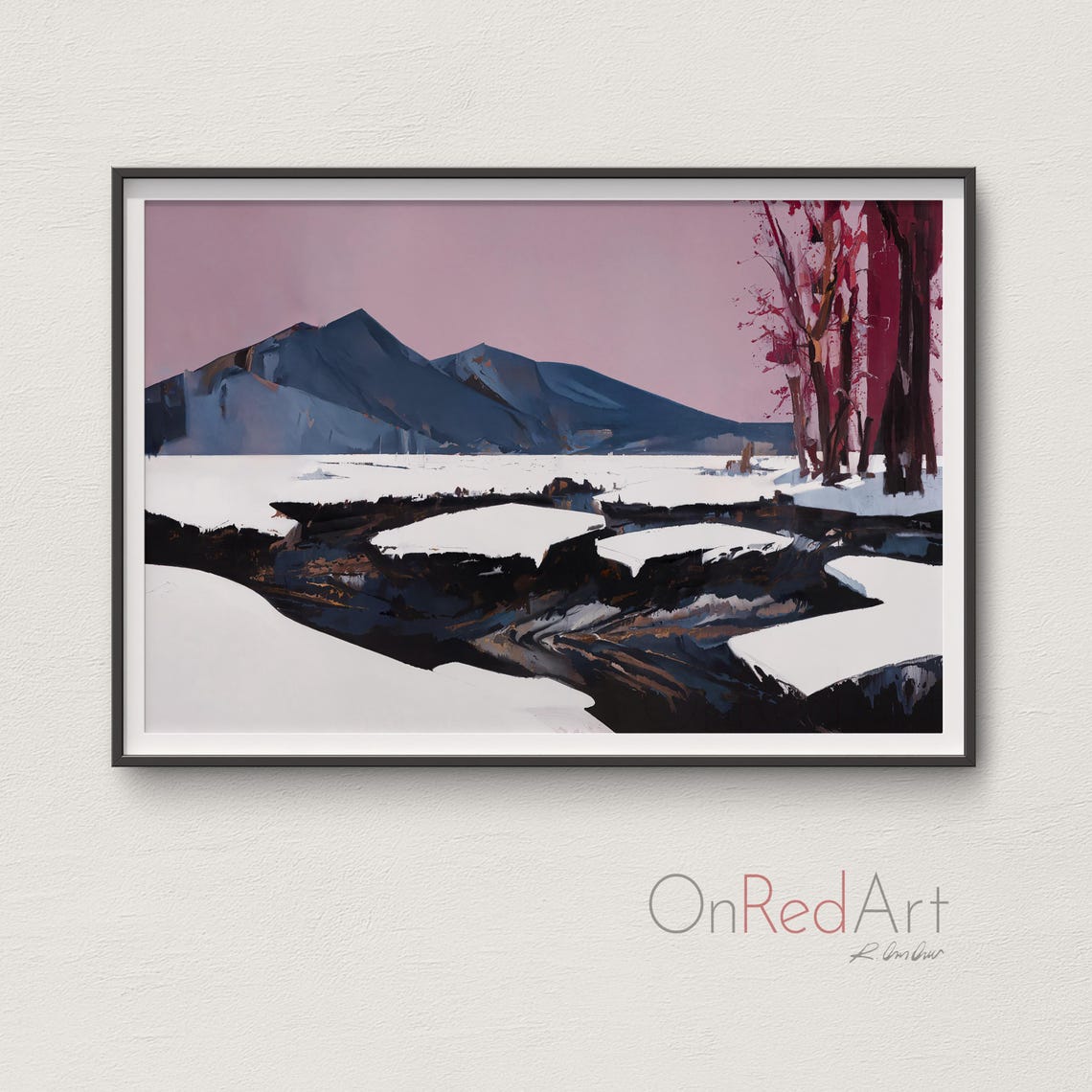 Stunning Pink Sky Snowy Mountain Stream Winter Landscape Art Poster