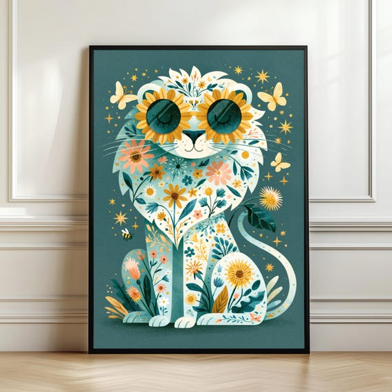 Cute Lion Wall Art Floral Print Botanical Animal Decor Cottagecore Lover Gift Digital Download