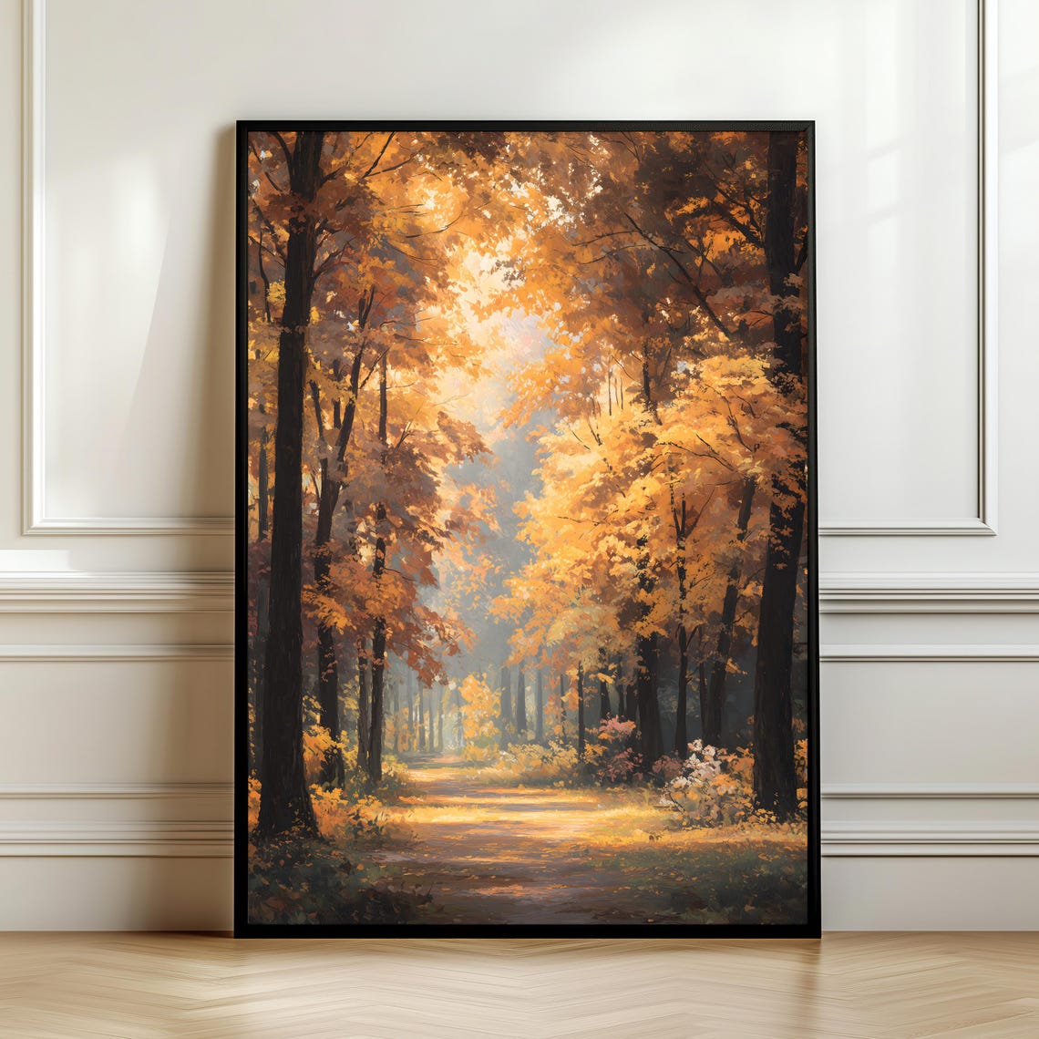 Golden Autumn Forest Path With Sunlit Trees Landscape Art Poster