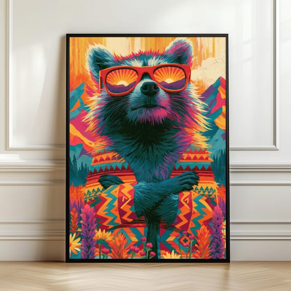 Raccoon With Sunglasses Wall Art Colorful Wildlife Painting Mountain Landscape Decor Lover Gift Digital Download
