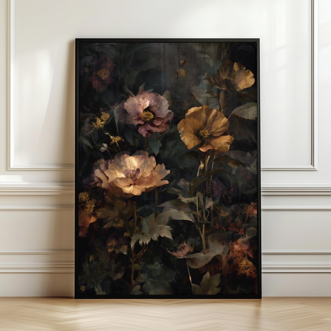 Moody Dark Floral Oil Painting Vintage Botanical Roses Peonies Gothic Wall Art