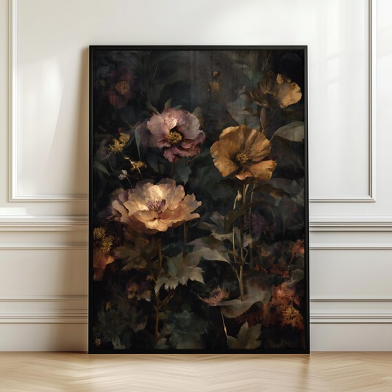 Moody Dark Floral Oil Painting Vintage Botanical Roses Peonies Gothic Wall Art