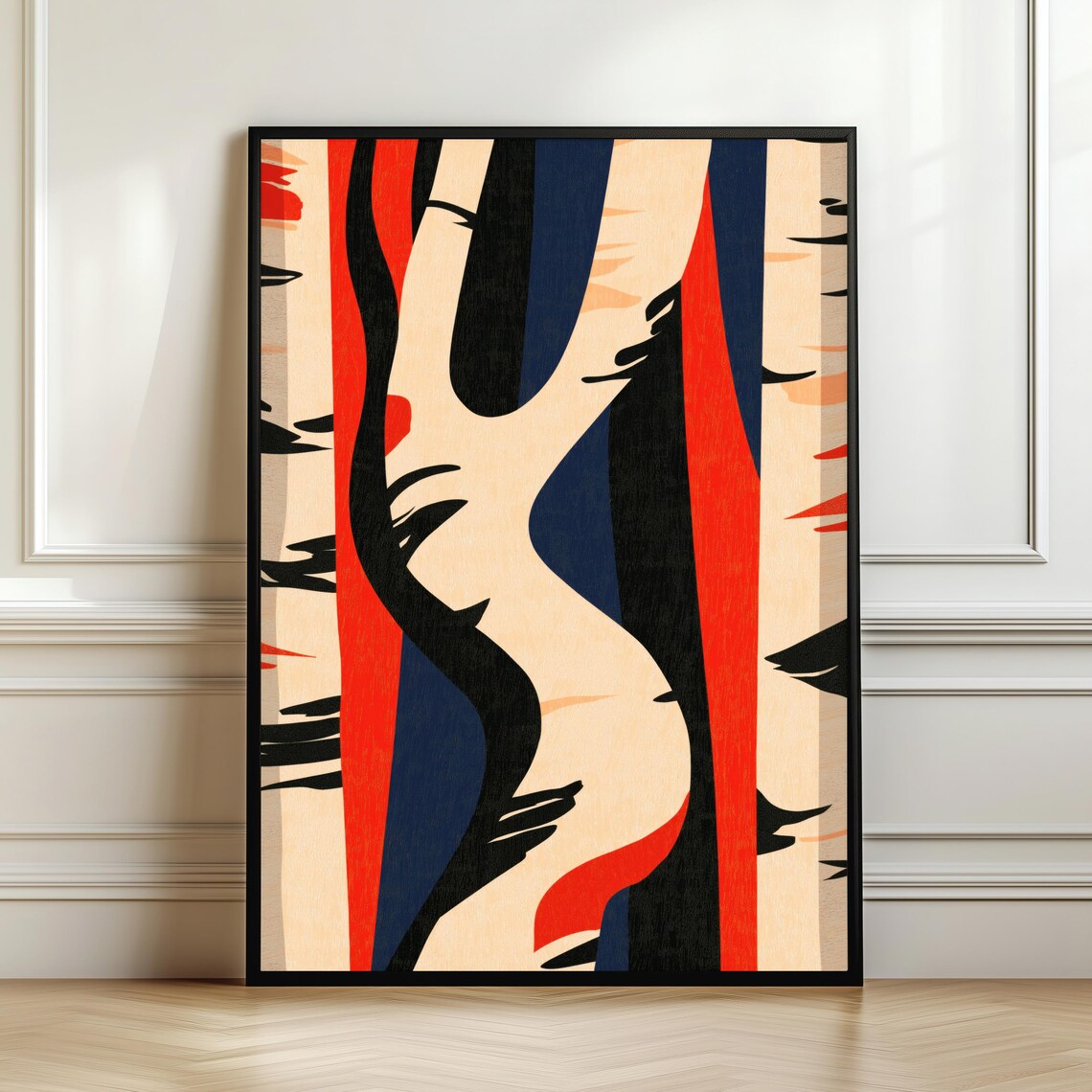 Abstract Birch Trees Red Black Navy Modern Art Painting Poster