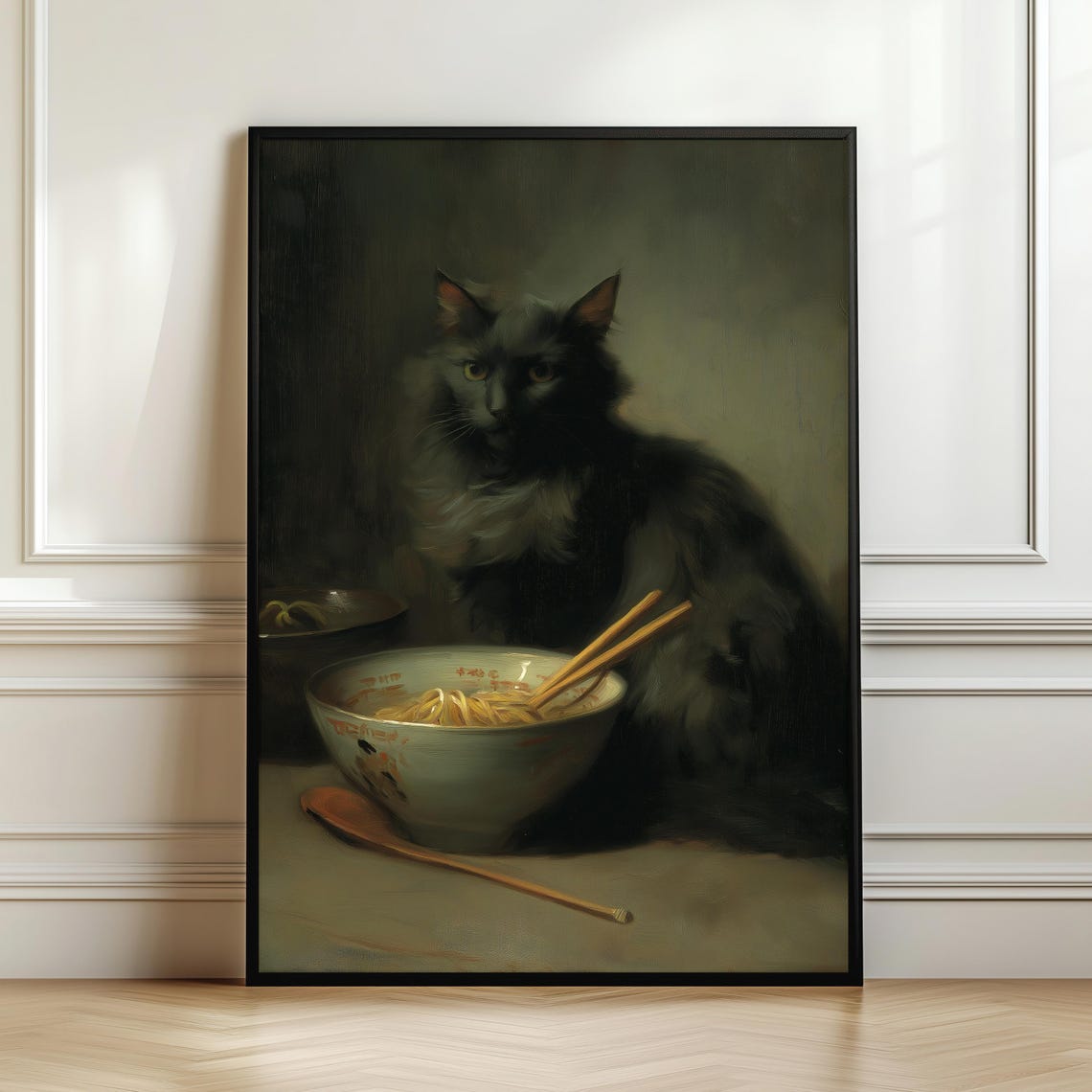 Dark Academia Cat With Ramen Bowl Vintage Japanese Painting Poster
