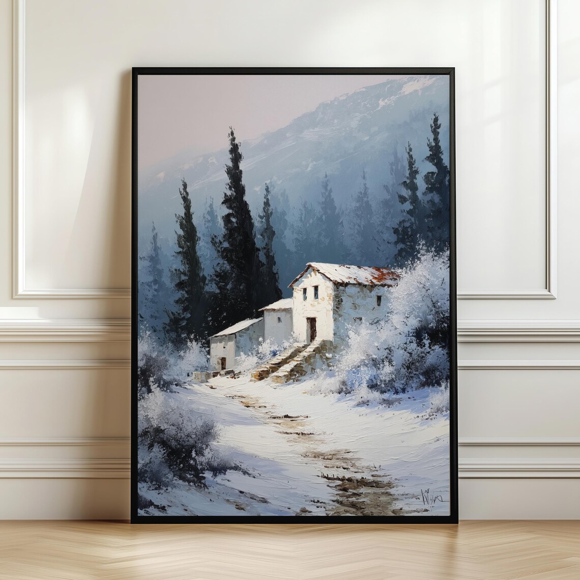 Winter Mountain Cabin Art Print, Rustic Forest Decor