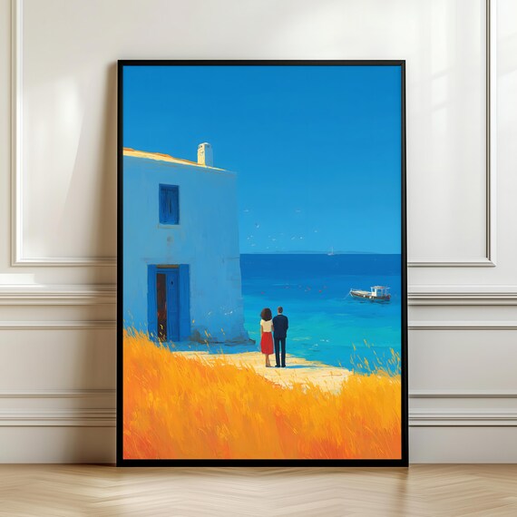 Romantic Mediterranean Couple Poster Greek Island Seaside White House Art