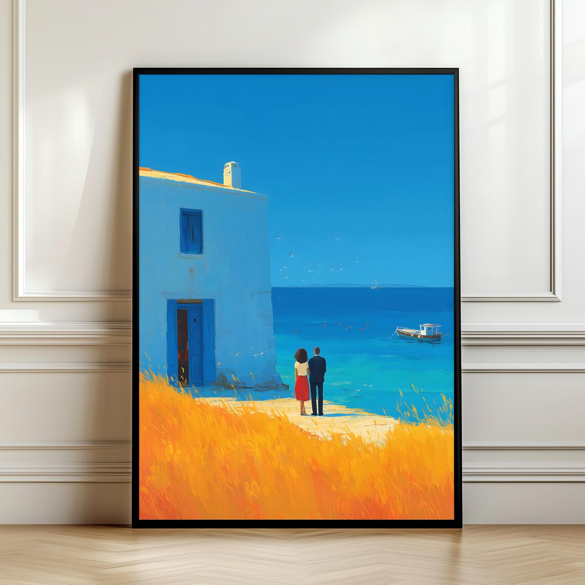 Romantic Mediterranean Couple Poster Greek Island Seaside White House Art