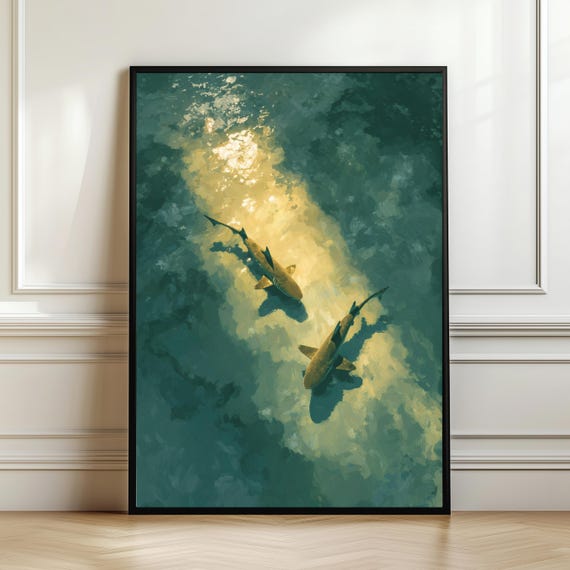 Ocean Shark Poster Turquoise Water Marine Print Aerial Sea Life Wall Art Minimal Coastal Decor Underwater Animal Digital Download