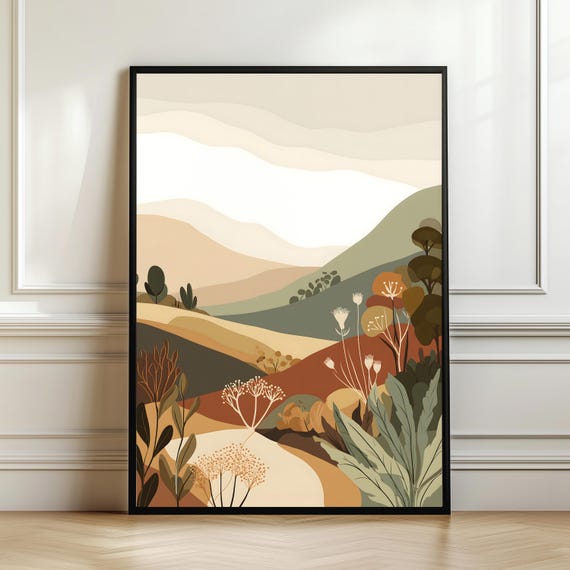 Boho Earth Tone Landscape Wall Art Neutral Botanical Hills Poster Modern Minimal Nature Print Terracotta Green Decor Digital Download