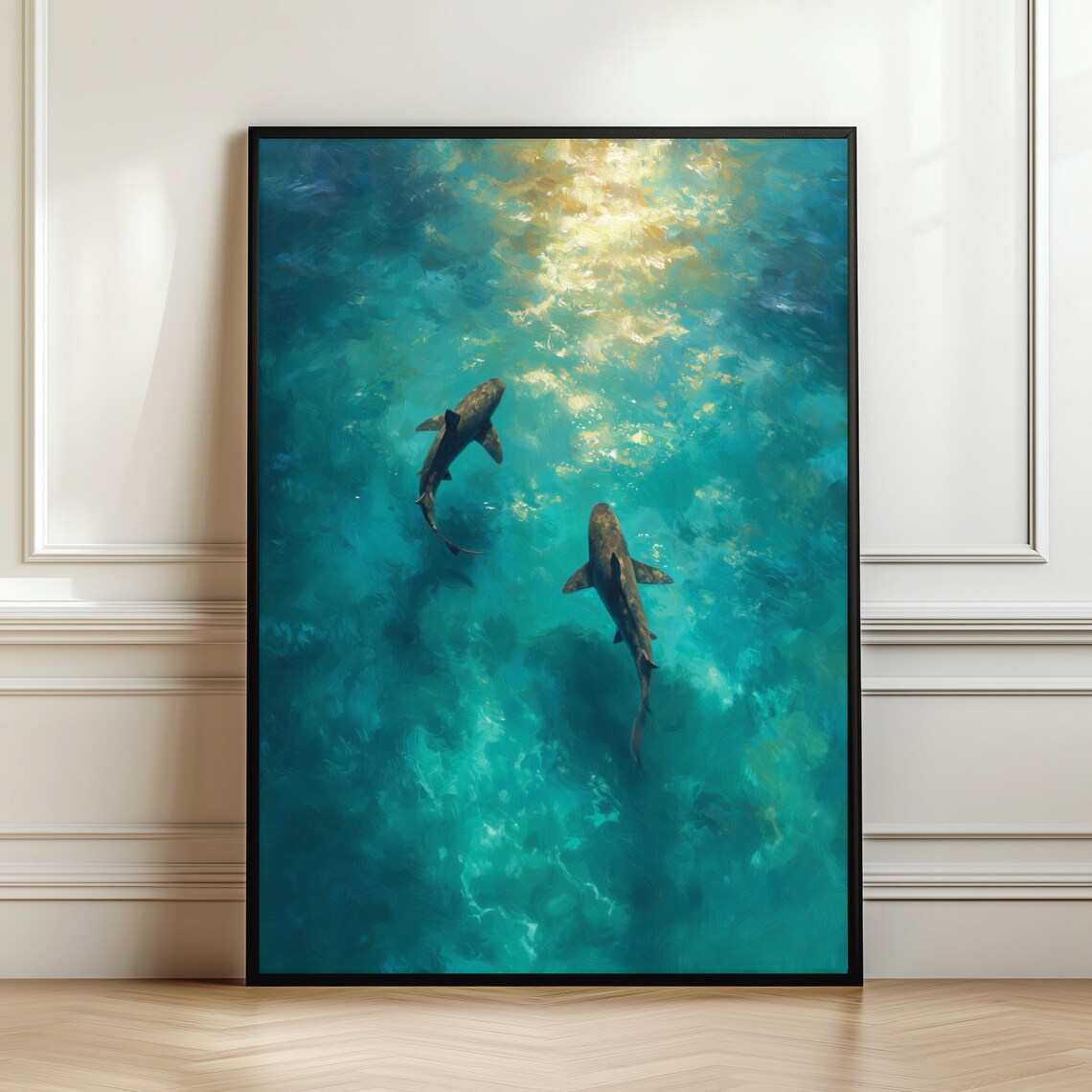 Sharks Swimming In Turquoise Ocean Art Print