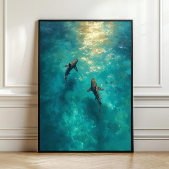 Sharks Swimming In Turquoise Ocean Art Print