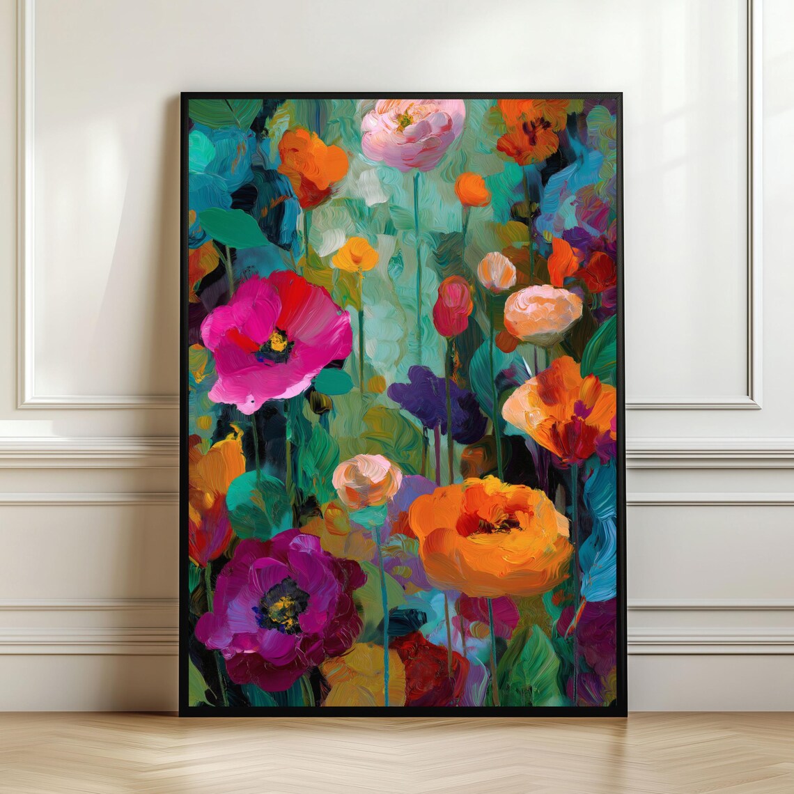 Vibrant Poppy Garden Abstract Floral Teal Colorful Impressionist Poster