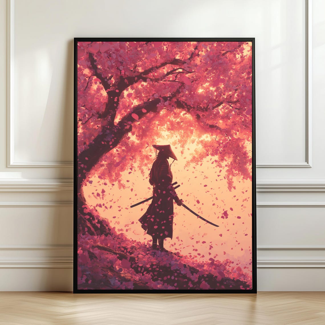 Samurai Silhouette Cherry Blossom Sunset Japanese Warrior Poster