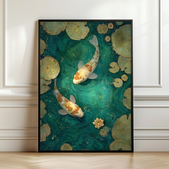Japanese Koi Fish Pond Wall Art Print Elegant Water Garden Poster Teal Gold Zen Decor Tranquil Asian Aesthetic Digital Download