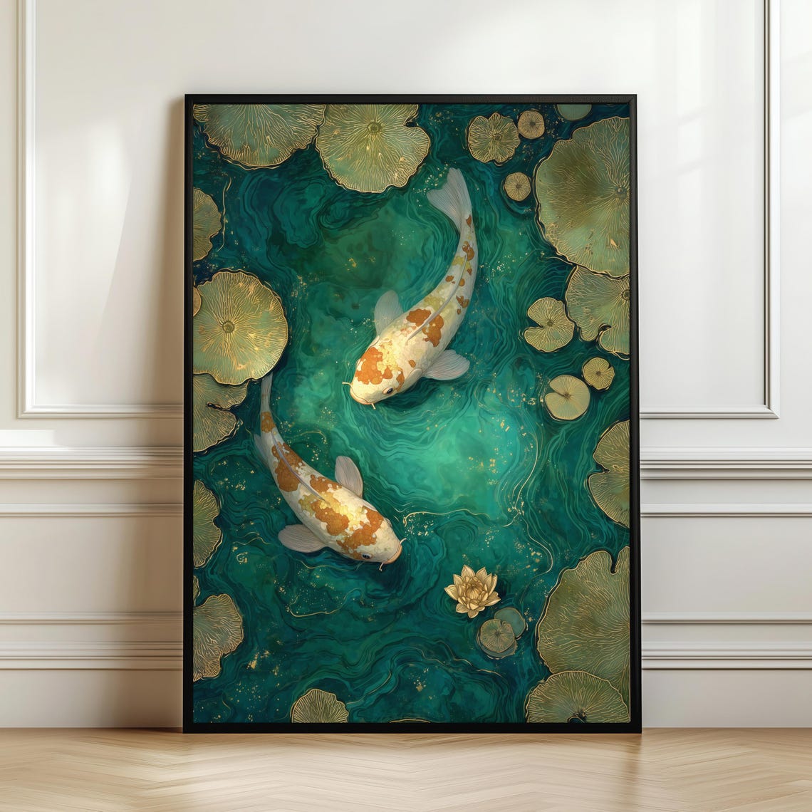 Japanese Koi Fish Pond Teal and Gold Zen Water Garden Art Print