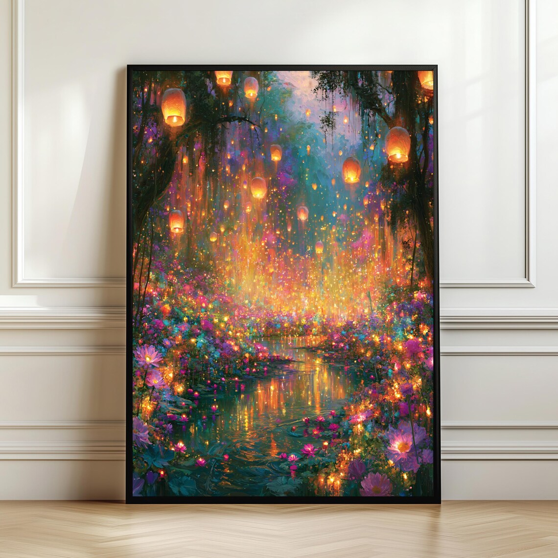 Enchanted Lantern River Art Print, Magical Garden Landscape