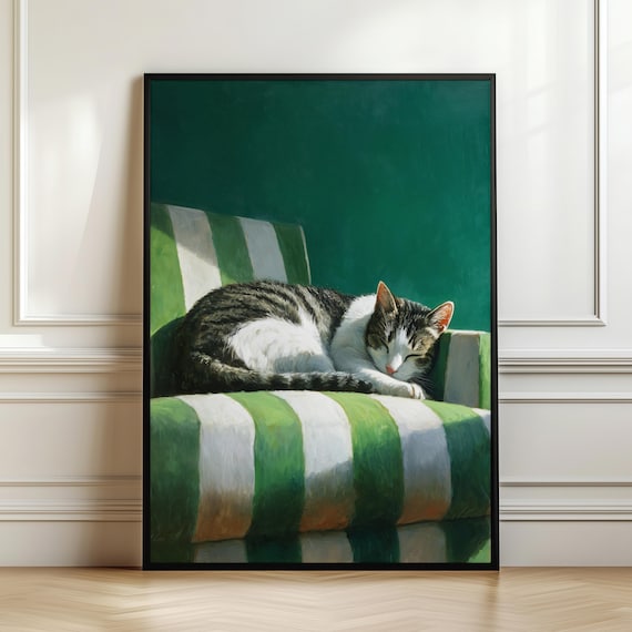 Cute Cat Wall Art Print Sleeping Illustration On Green Chair Cozy Pet Decor Whimsical Animal Lover Gift Digital Download