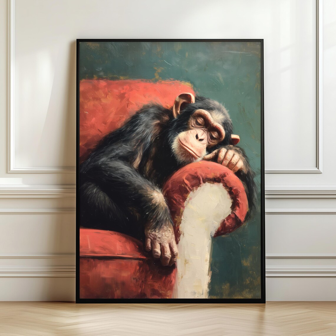 Sleeping Chimpanzee Red Armchair Curled Up Oil Painting Cute Poster