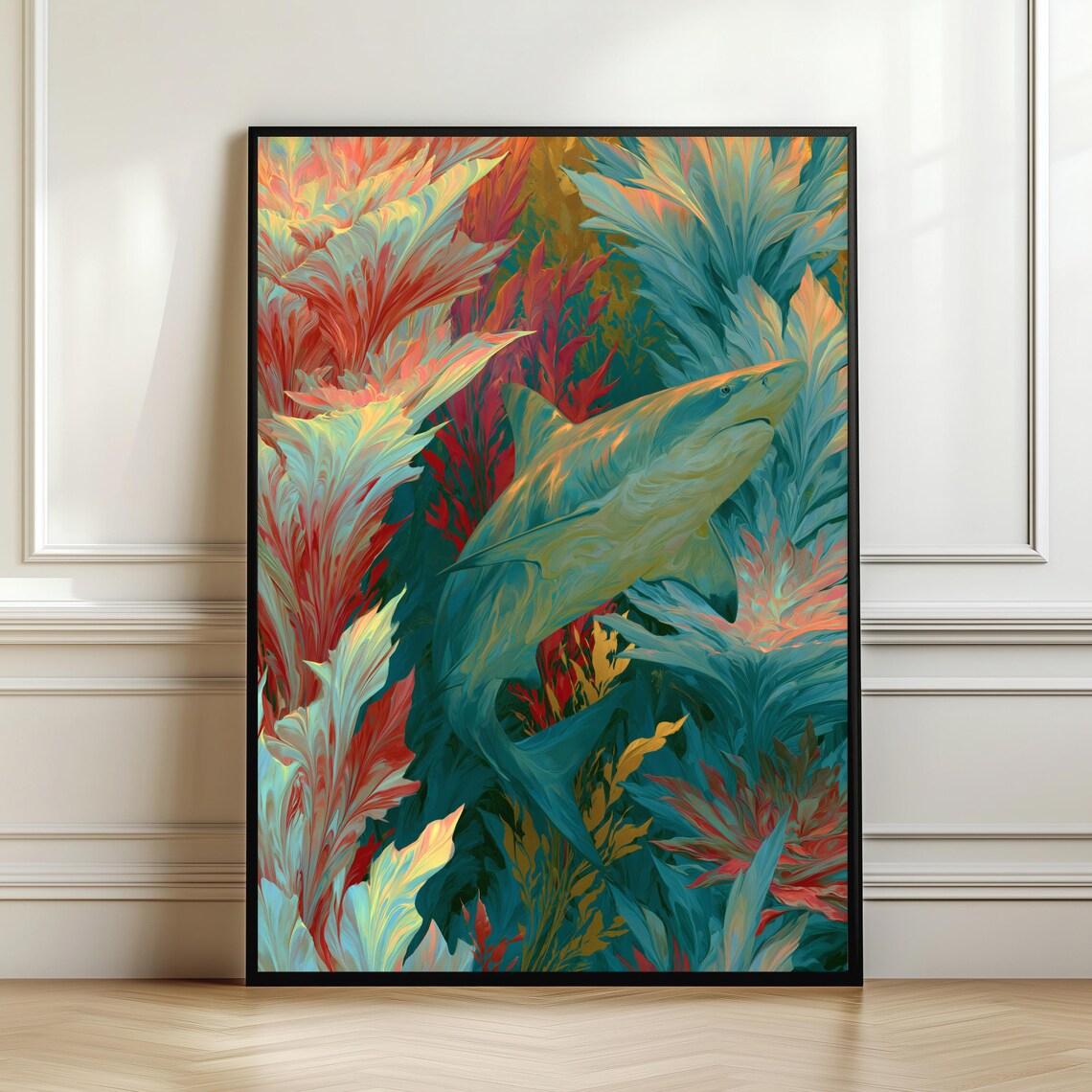Majestic Shark Swimming Coral Reef Red Teal Kelp Ocean Poster
