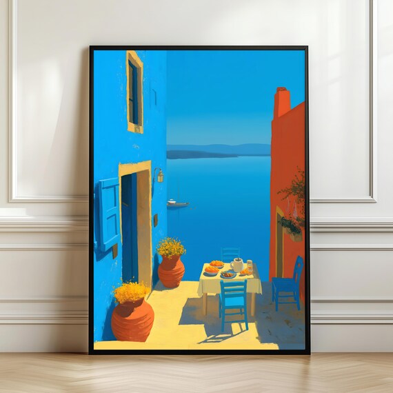 Blue Orange Mediterranean Coastal Alley Seaside Dining View Poster