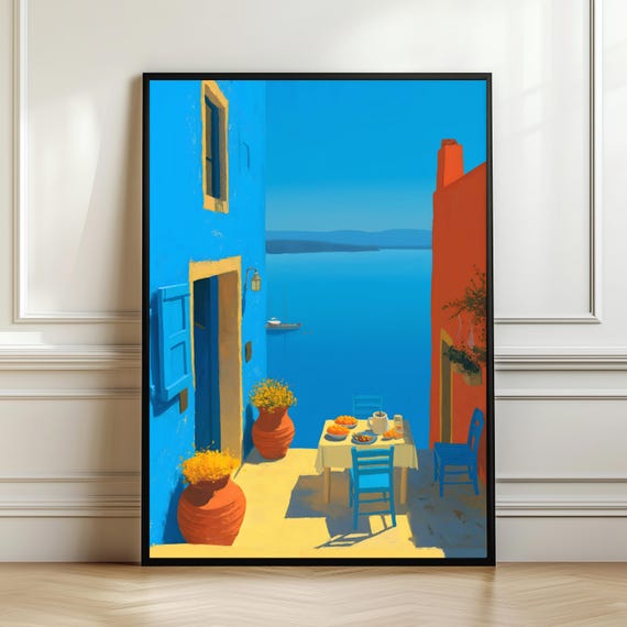 Colorful Coastal Village Wall Art Vibrant Blue Orange Sea View Poster Mediterranean Dining Scene Printsummer Decor Digital Download