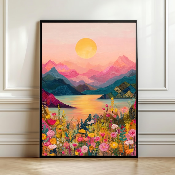 Sunset Mountain Landscape, Boho Floral Field Art Print