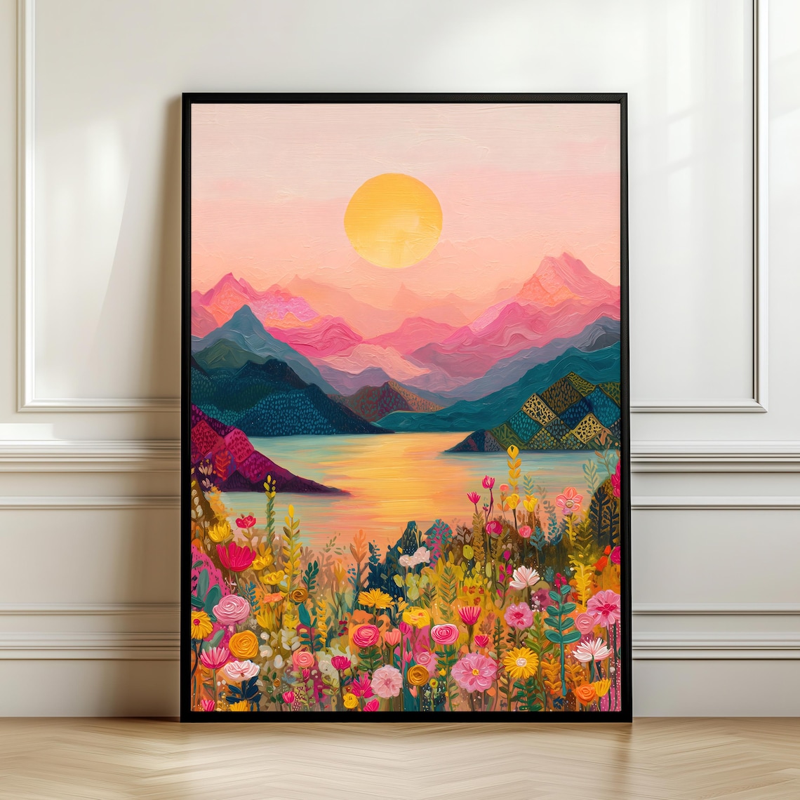 Sunset Mountain Landscape, Boho Floral Field Art Print