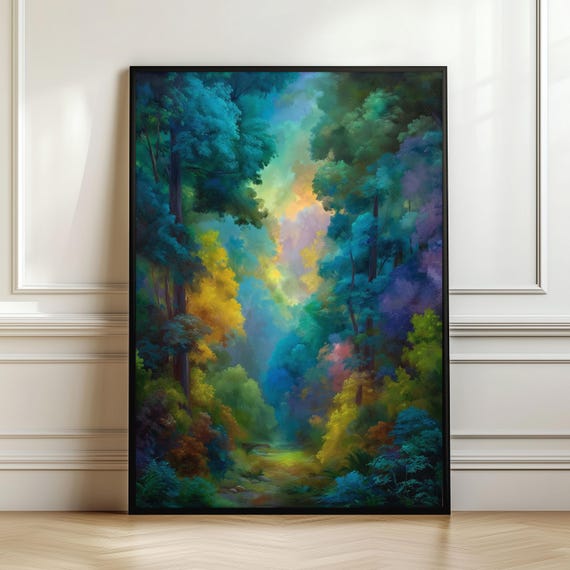 Dreamy Forest Wall Art Enchanted Woodland Print Colorful Nature Landscape Fantasy Tree Painting Magical Decor Digital Download