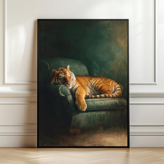 Sleeping Tiger Wall Art Print Moody Animal Painting Luxury Wildlife Poster Dark Academia Decor Elegant Big Cat Artwork Digital Download