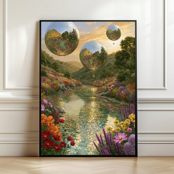 Dreamy Disco Balloon Decor Wildflower River Sunset Surreal Poster
