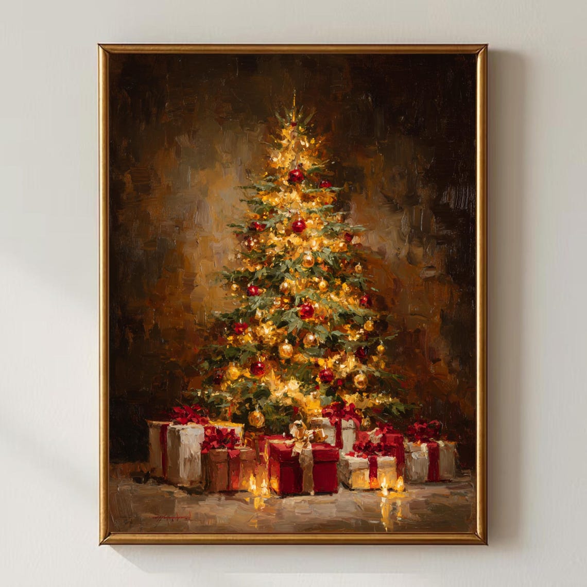 Warm Traditional Christmas Tree Glowing Lights Red Gold Poster