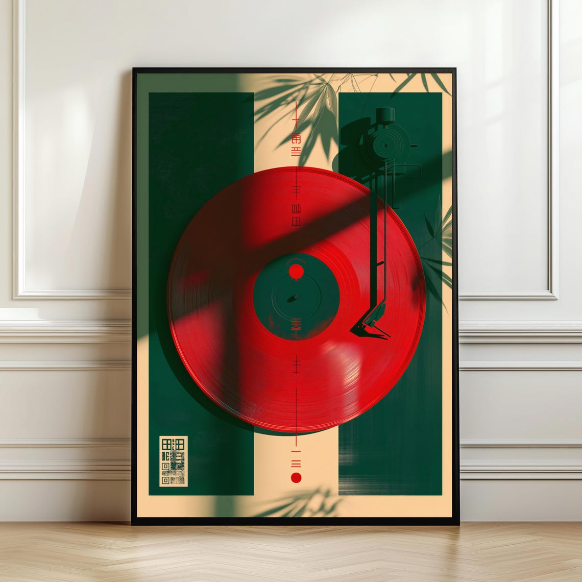 Japanese Red Vinyl Record Poster Emerald Green Turntable Music Artwork