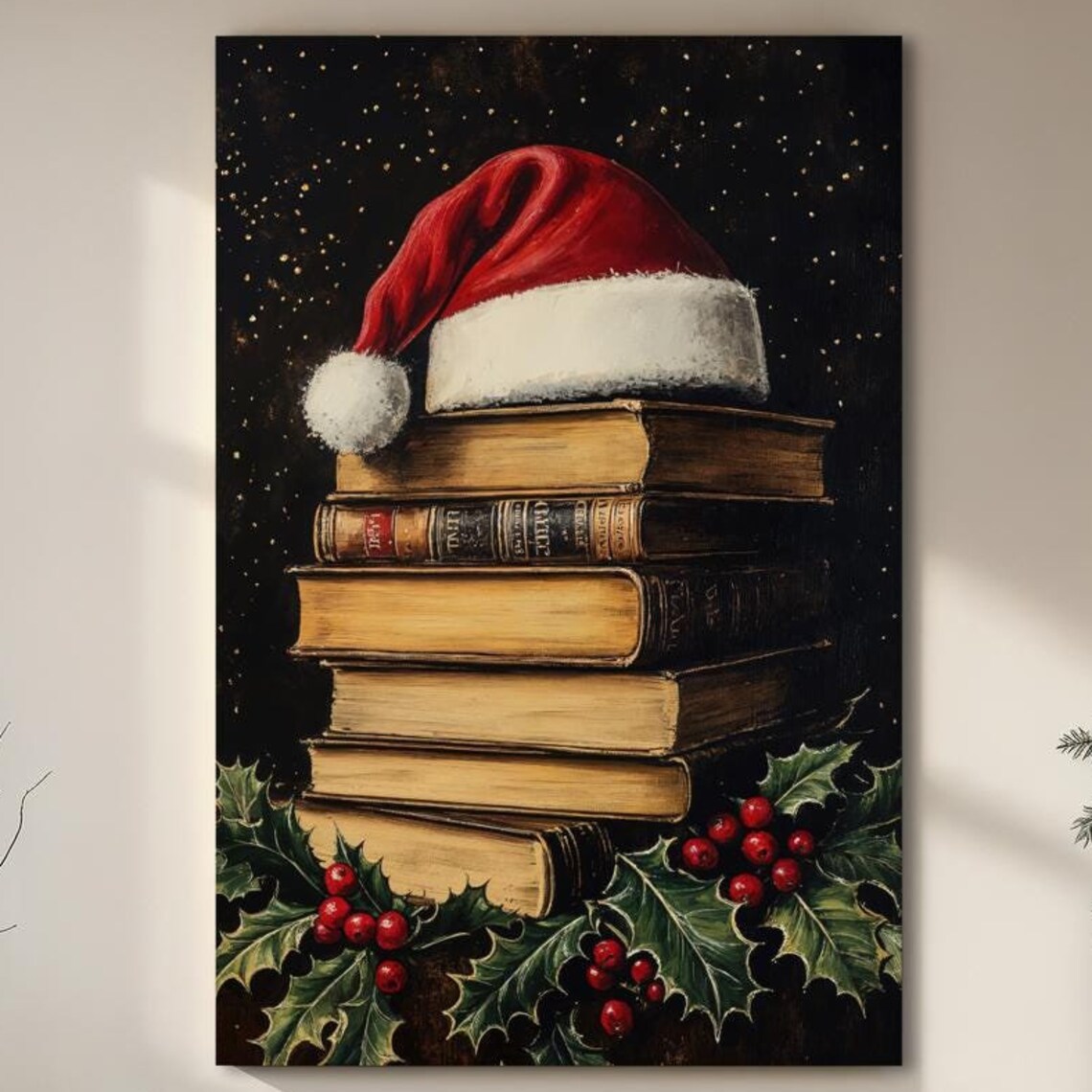 Santa Hat on Vintage Books Christmas Poster Holly Berries Cozy Holiday Art