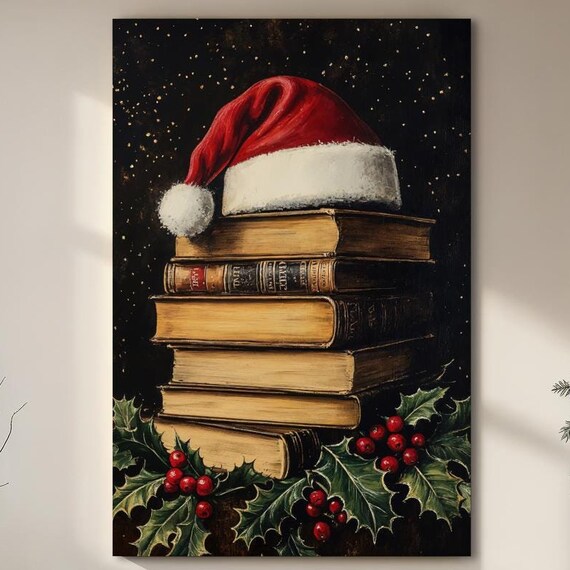 Santa Hat on Vintage Books Christmas Poster Holly Berries Cozy Holiday Art