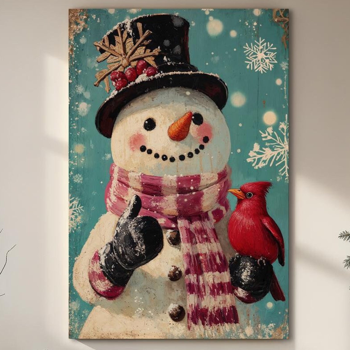 Cheerful Snowman with Red Cardinal Winter Scene Christmas Poster