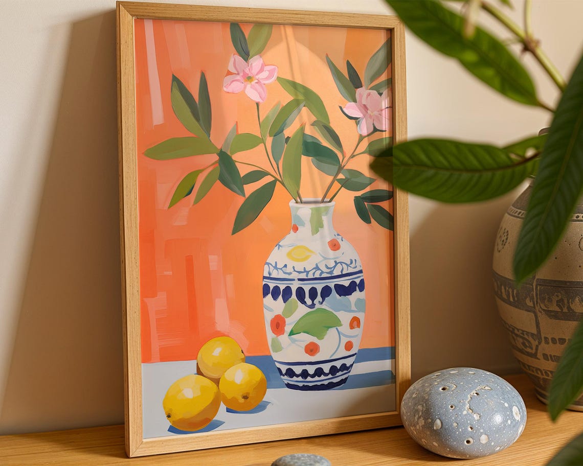 Lemons and Blossom Vase Colorful Modern Still Life Kitchen Poster