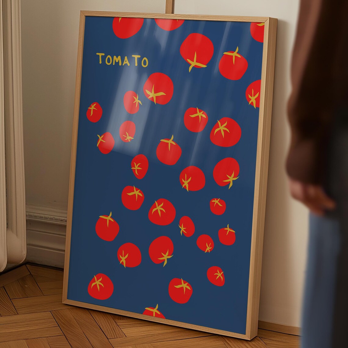 Colorful Tomato Illustration Bold Blue Kitchen Food Art Poster