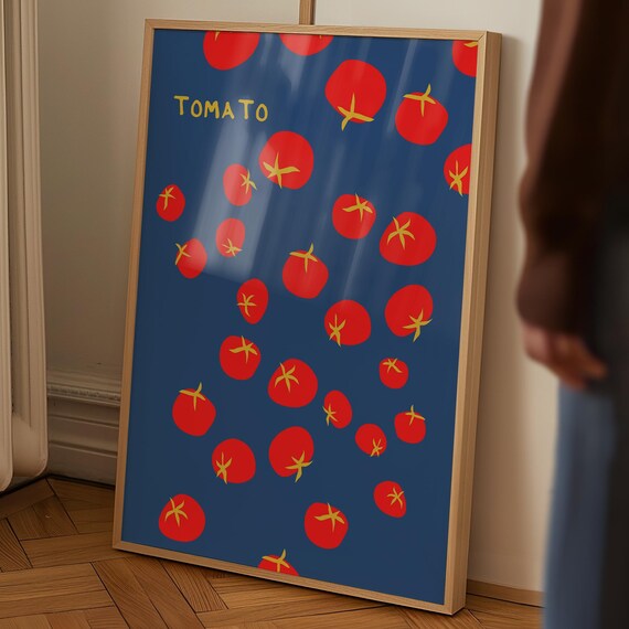 Colorful Tomato Illustration Bold Blue Kitchen Food Art Poster
