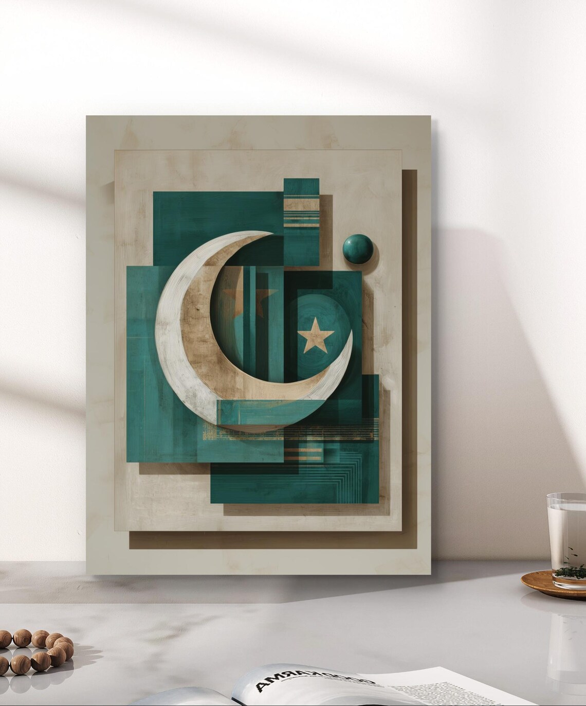 Abstract Pakistan Flag Geometric Print Crescent Star Teal Oil Painting