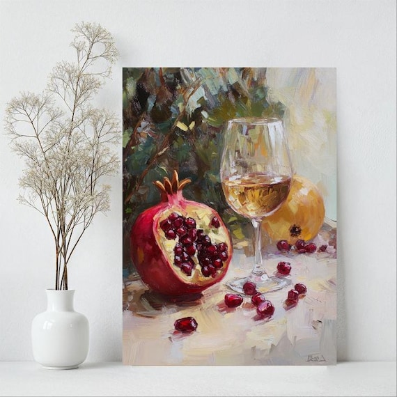 Pomegranate and White Wine Oil Painting Still Life Kitchen Poster
