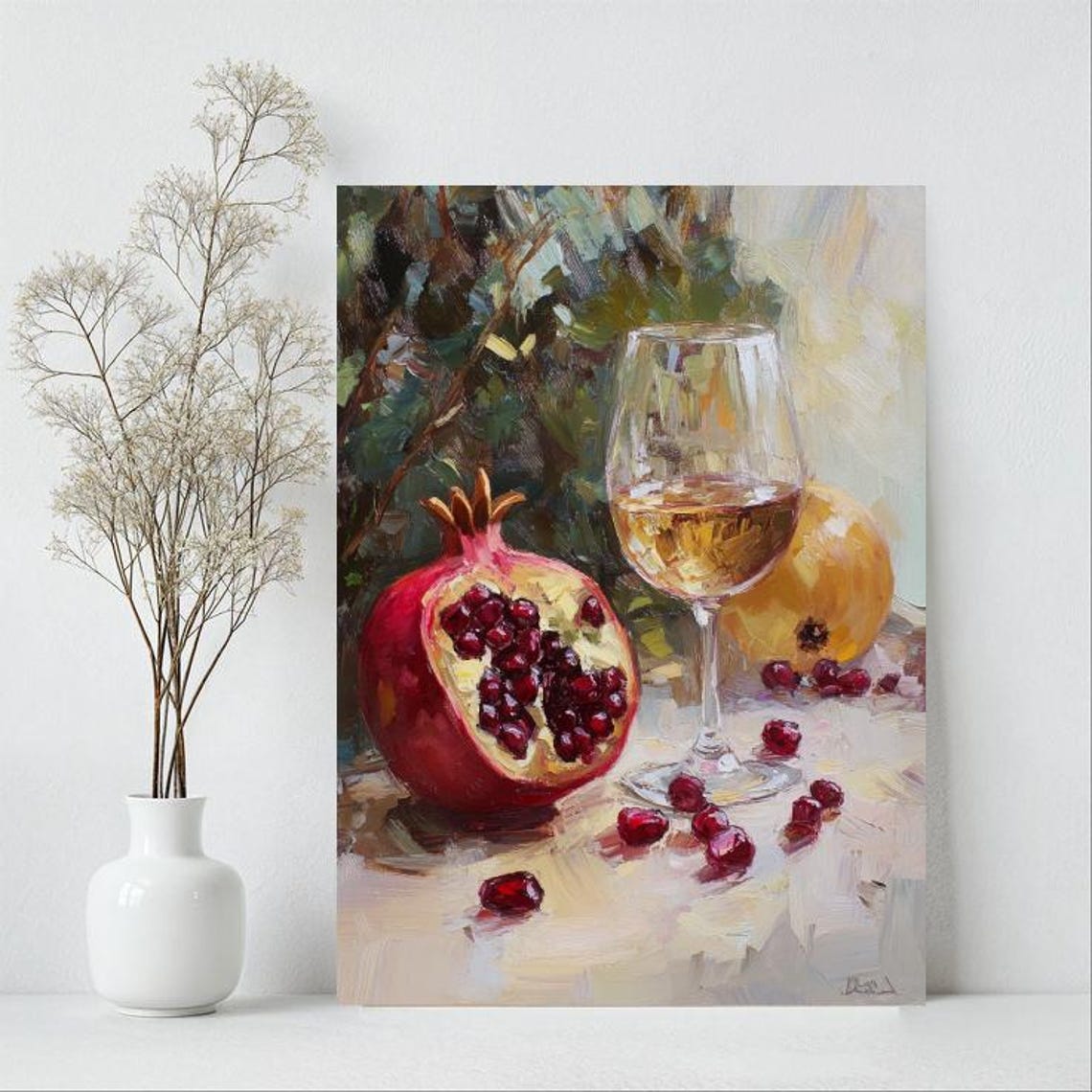 Pomegranate and White Wine Oil Painting Still Life Kitchen Poster