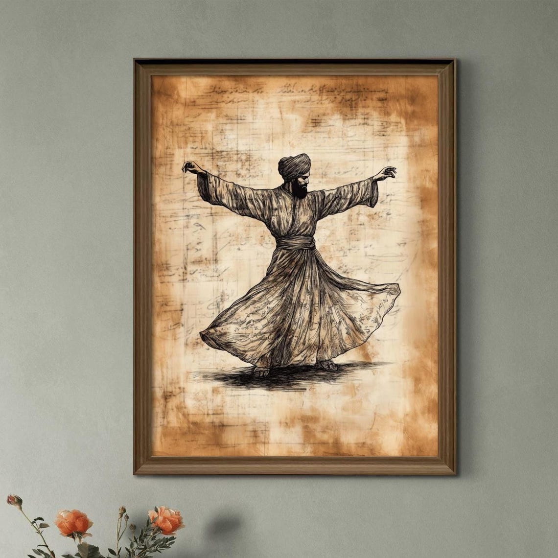Whirling Dervish Sepia Ink Sketch Sufi Dancer Motion Art Poster
