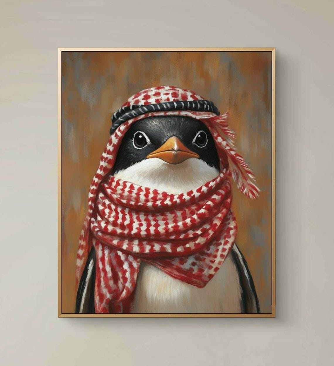 Playful Penguin Wearing Red Keffiyeh Oil Painting Portrait Poster