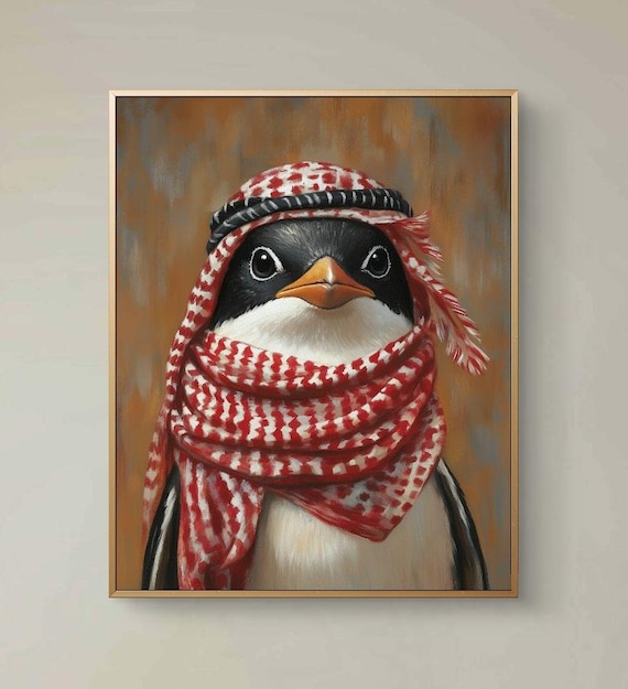 Playful Penguin Wearing Red Keffiyeh Oil Painting Portrait Poster